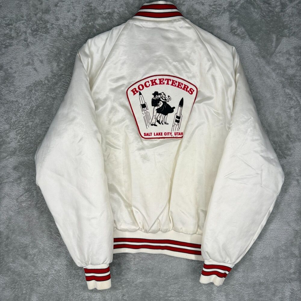 Vtg 80s Swing Dancing Jacket Women Medium Rocketeers SLC Utah Satin Snap Pla-jac